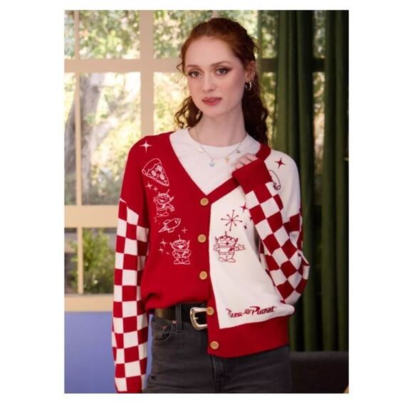 Her Universe Sweaters - Disney Pixar Toy Story Pizza Planet Womens Checkered Cardigan Sweater Large L